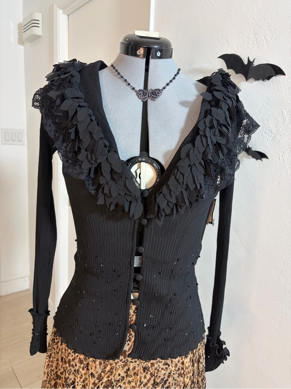 Vintage Kaelyn-Max Black Appliqué Sequin Pleated Cardigan Size M